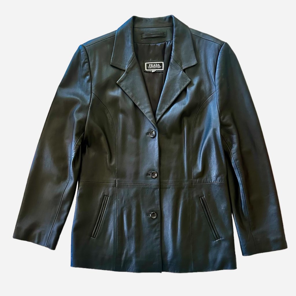 Prada Women's Vintage Black Leather Button Coat.